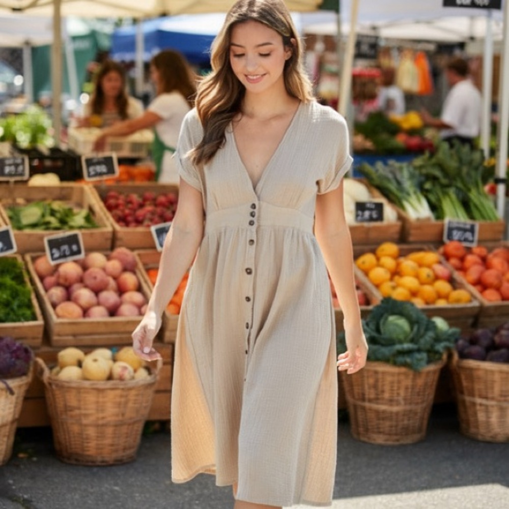 Elegant Shein Beige Boho Button-Down Dress